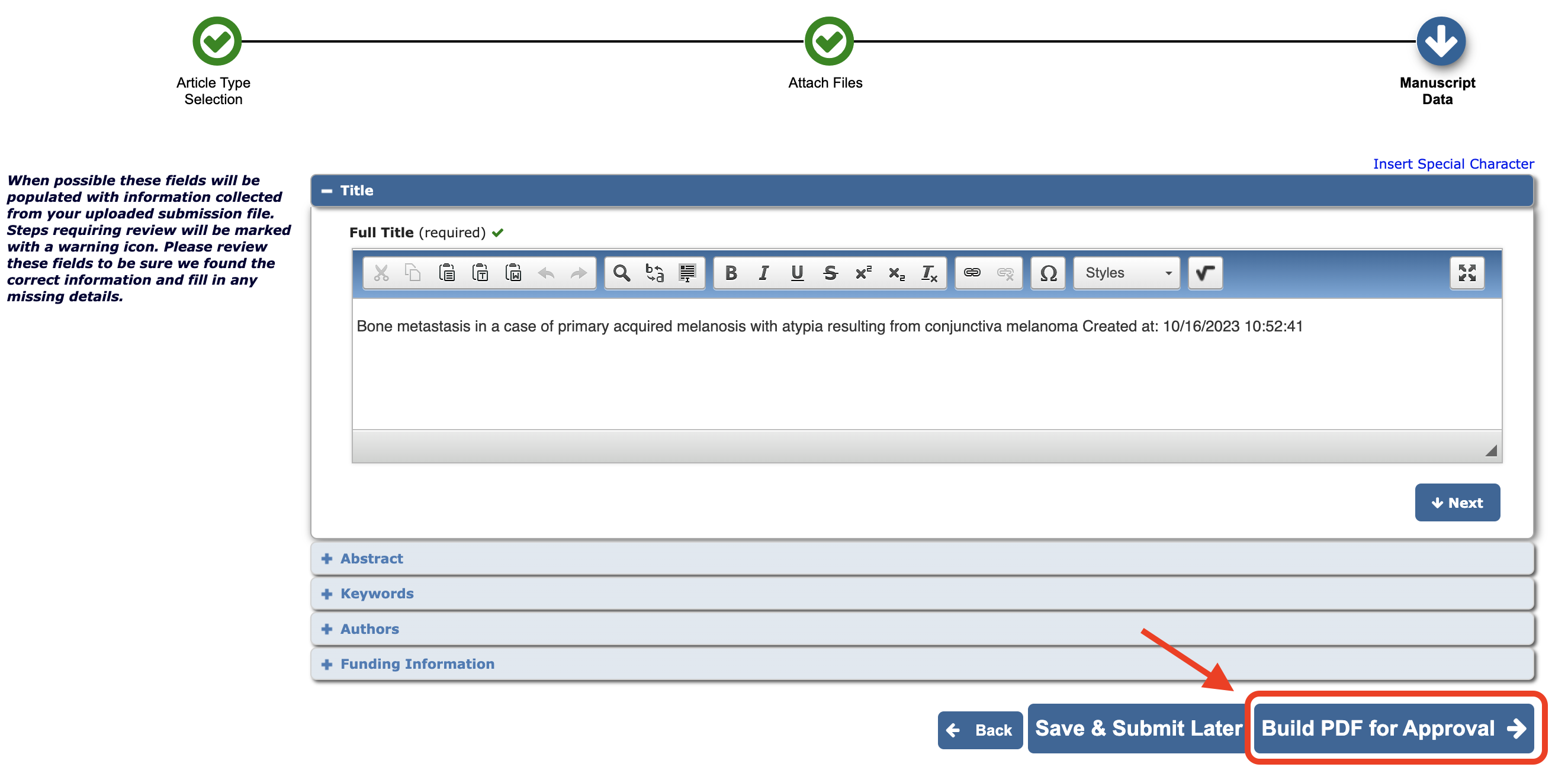Screen shot of a journal's Author Main Menu page in Editorial Manager, showing where authors can build PDF for approval.
